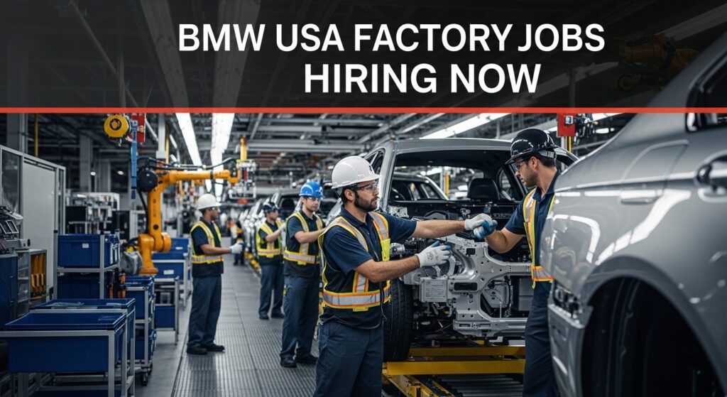 Workers in safety gear operate on an assembly line in a BMW factory, with a banner overhead stating, "BMW USA Factory Jobs Hiring Now."