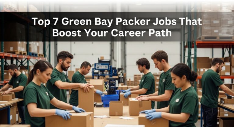 A team of focused workers in green shirts and gloves sorts packages in a warehouse. Text above reads, "Top 7 Green Bay Packer Jobs That Boost Your Career Path."