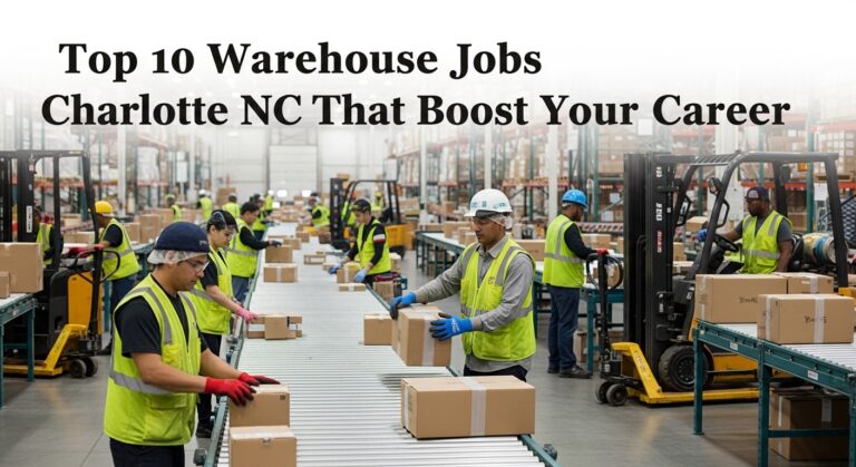 Warehouse workers in safety vests and hard hats move boxes on a conveyor belt and forklifts. Text reads "Top 10 Warehouse Jobs in Charlotte NC."