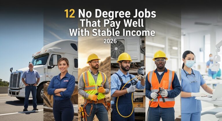 Collage showing professionals in various fields: a truck driver, a mechanic, construction workers, an HVAC technician, and healthcare staff. Text reads '12 No Degree Jobs That Pay Well With Stable Income 2026.' The image conveys that there are diverse, high-paying job opportunities without the need for a degree.
