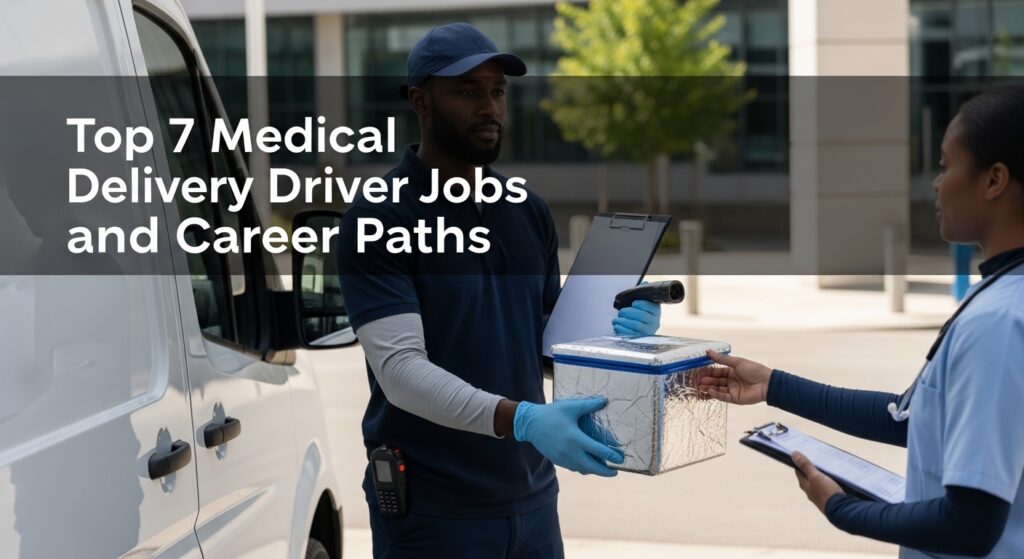 Delivery driver hands a medical package to a healthcare worker outside the van. Text overlays image discussing top medical delivery driver jobs.