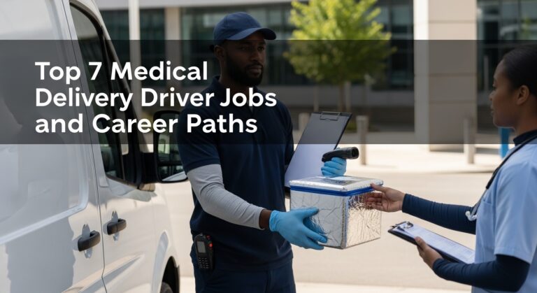 Delivery driver hands a medical package to a healthcare worker outside the van. Text overlays image discussing top medical delivery driver jobs.