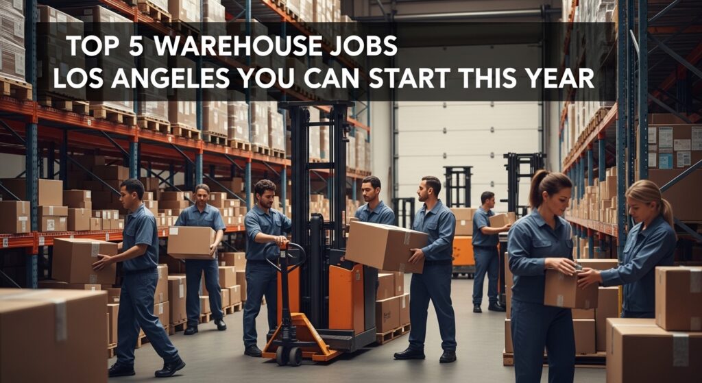 Workers in blue uniforms handle boxes in a warehouse stocked with shelves. A forklift is visible. Text overlay: "Top 5 Warehouse Jobs Los Angeles."