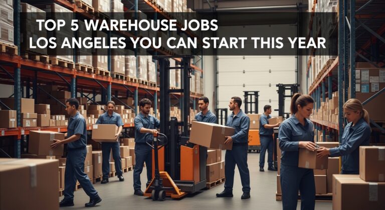 Workers in blue uniforms handle boxes in a warehouse stocked with shelves. A forklift is visible. Text overlay: "Top 5 Warehouse Jobs Los Angeles."