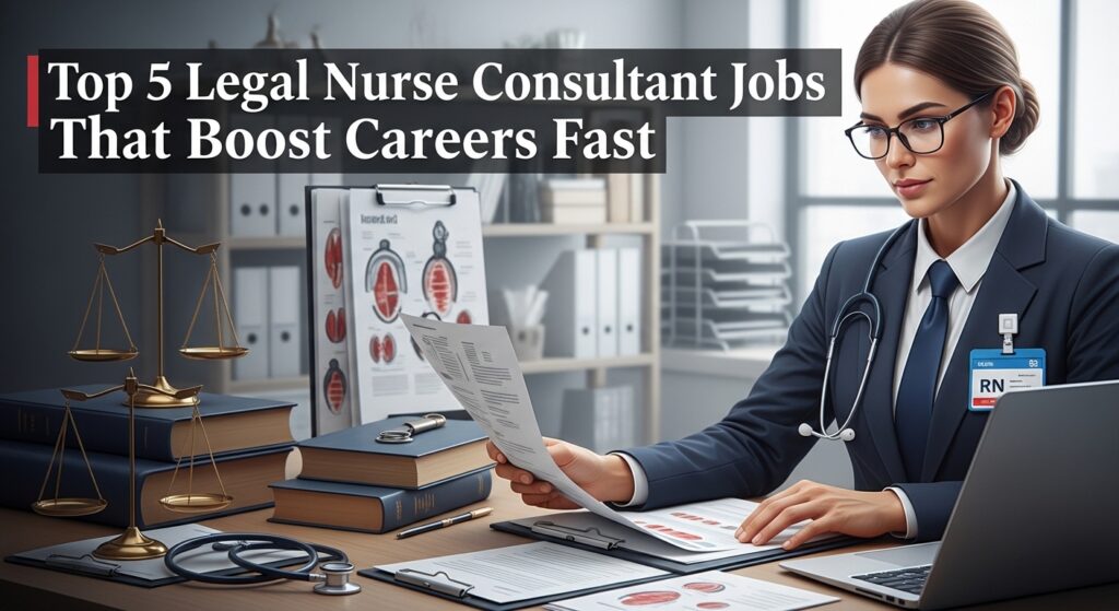A professional woman in an office, wearing a stethoscope and reviewing documents. Shelves with legal scales and books surround her. Text reads, "Top 5 Legal Nurse Consultant Jobs That Boost Careers Fast."