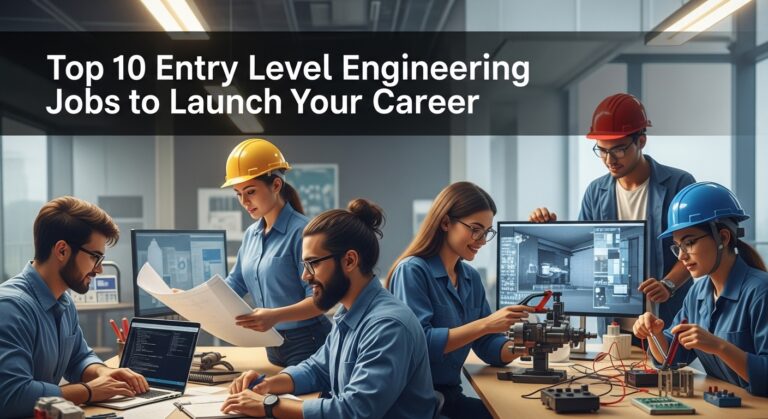 A diverse group of young engineers works collaboratively in an office with computers and technical equipment. They wear safety helmets, conveying teamwork and innovation.