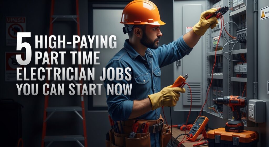 Man in a hard hat works with electrical panel tools. Text on the image reads, "5 High-Paying Part-Time Electrician Jobs You Can Start Now," suggesting career opportunities.