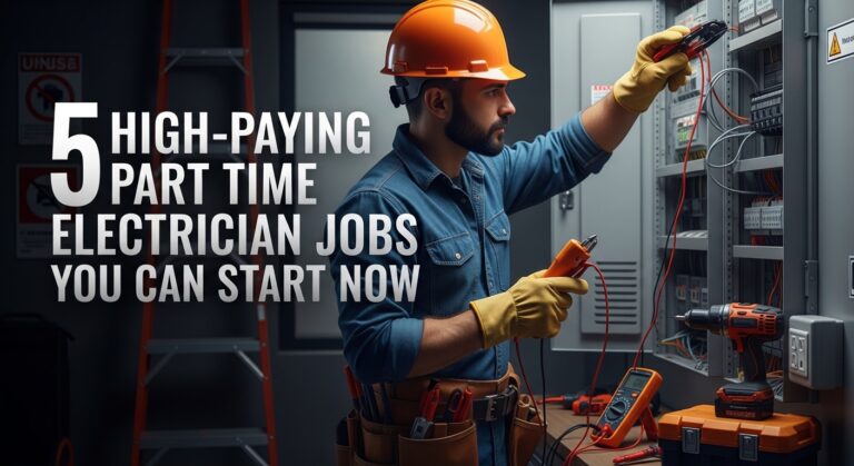 Man in a hard hat works with electrical panel tools. Text on the image reads, "5 High-Paying Part-Time Electrician Jobs You Can Start Now," suggesting career opportunities.