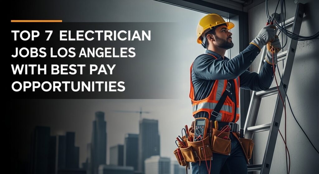 A focused electrician wearing a hard hat and safety vest works on a ladder, with Los Angeles skyline in the background. Text: "Top 7 Electrician Jobs Los Angeles with Best Pay Opportunities."