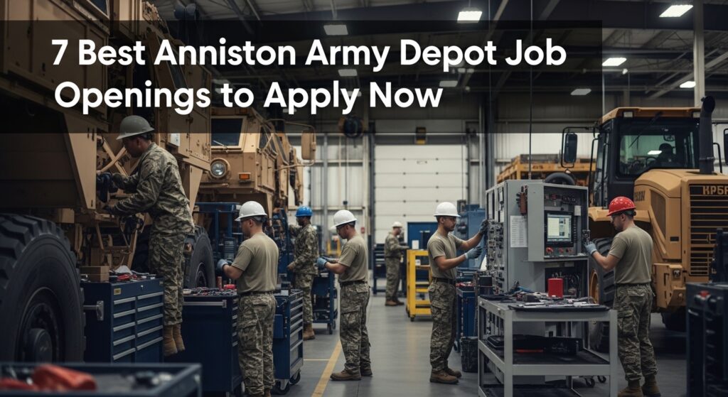 Workers in military uniforms and helmets operate machinery inside a large warehouse. Industrial vehicles are visible. Text overlay promotes job openings.