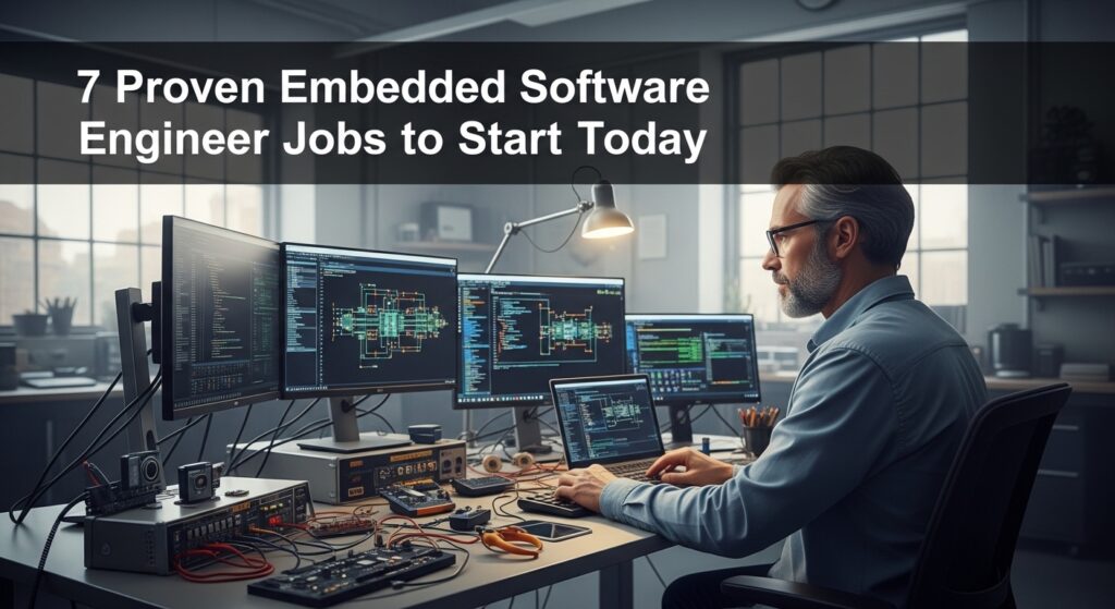 A man working at a desk with multiple monitors displaying complex software code and diagrams, in a modern office. Text overlay reads "7 Proven Embedded Software Engineer Jobs to Start Today."