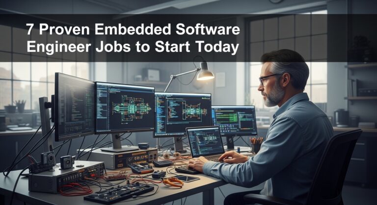 A man working at a desk with multiple monitors displaying complex software code and diagrams, in a modern office. Text overlay reads "7 Proven Embedded Software Engineer Jobs to Start Today."