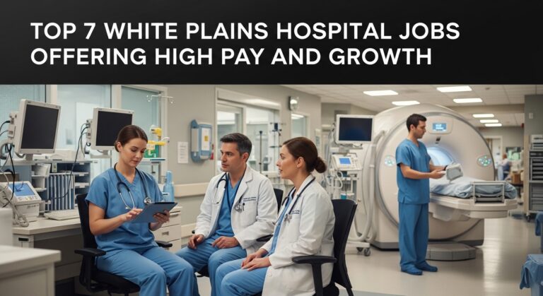 Three healthcare professionals in blue scrubs and white coats discuss in a modern hospital. An MRI scanner is in the background. Text highlights top jobs.