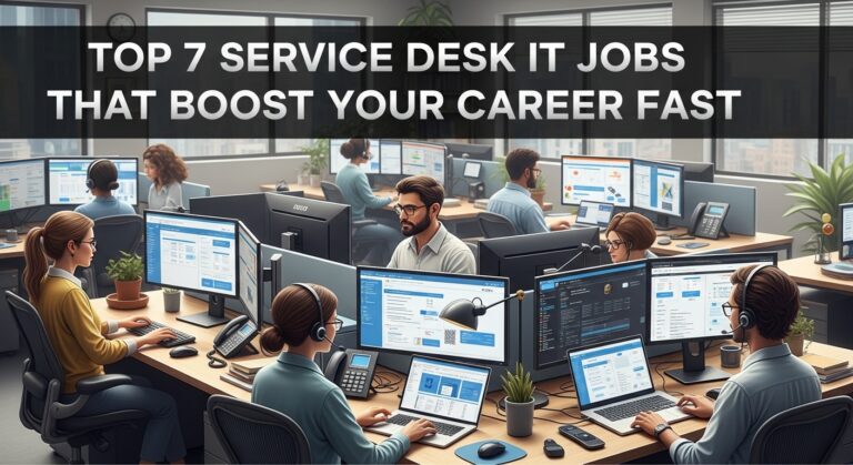 Office with diverse IT professionals at desks working on computers, focused. Text overlay: "Top 7 Service Desk IT Jobs That Boost Your Career Fast."