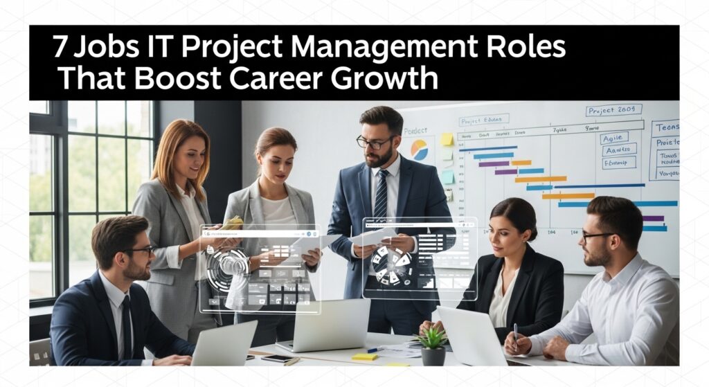 A diverse team of professionals discusses project management roles in a modern office, with laptops visible. A whiteboard with charts and notes is visible.