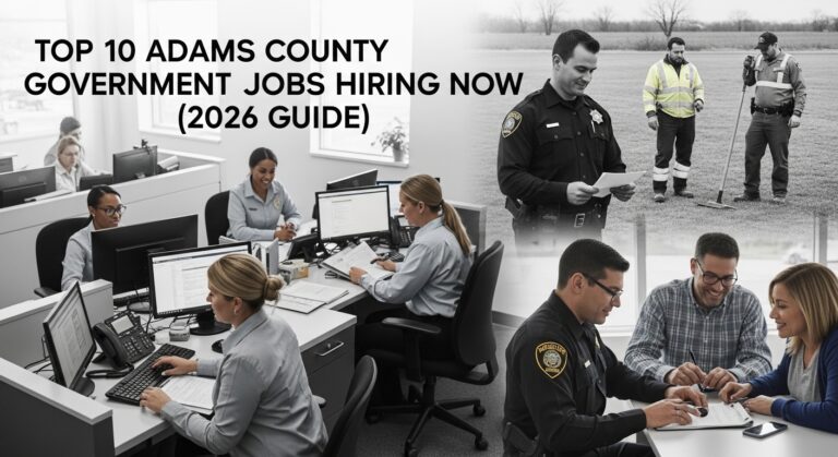 Image promoting Adams County government jobs, featuring office workers at computers, police officers in discussion, and construction workers on site. Text reads: 'Top 10 Adams County Government Jobs Hiring Now (2026 Guide).' The tone is professional and informative.