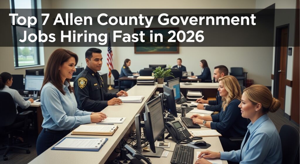 A busy government office with diverse staff working diligently at desks, including a woman and a police officer talking. Text overlay: "Top 7 Allen County Government Jobs Hiring Fast in 2026."
